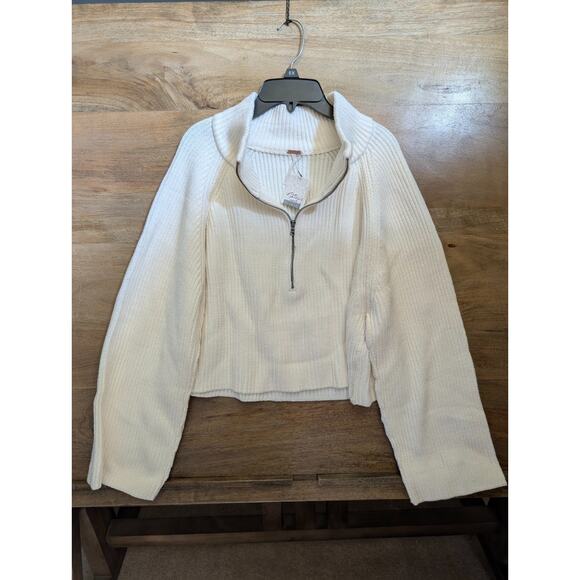 Free People Crop Sweater Womens Small White Ribbed Knit Long Sleeve Half Zip NWT - Picture 1 of 4